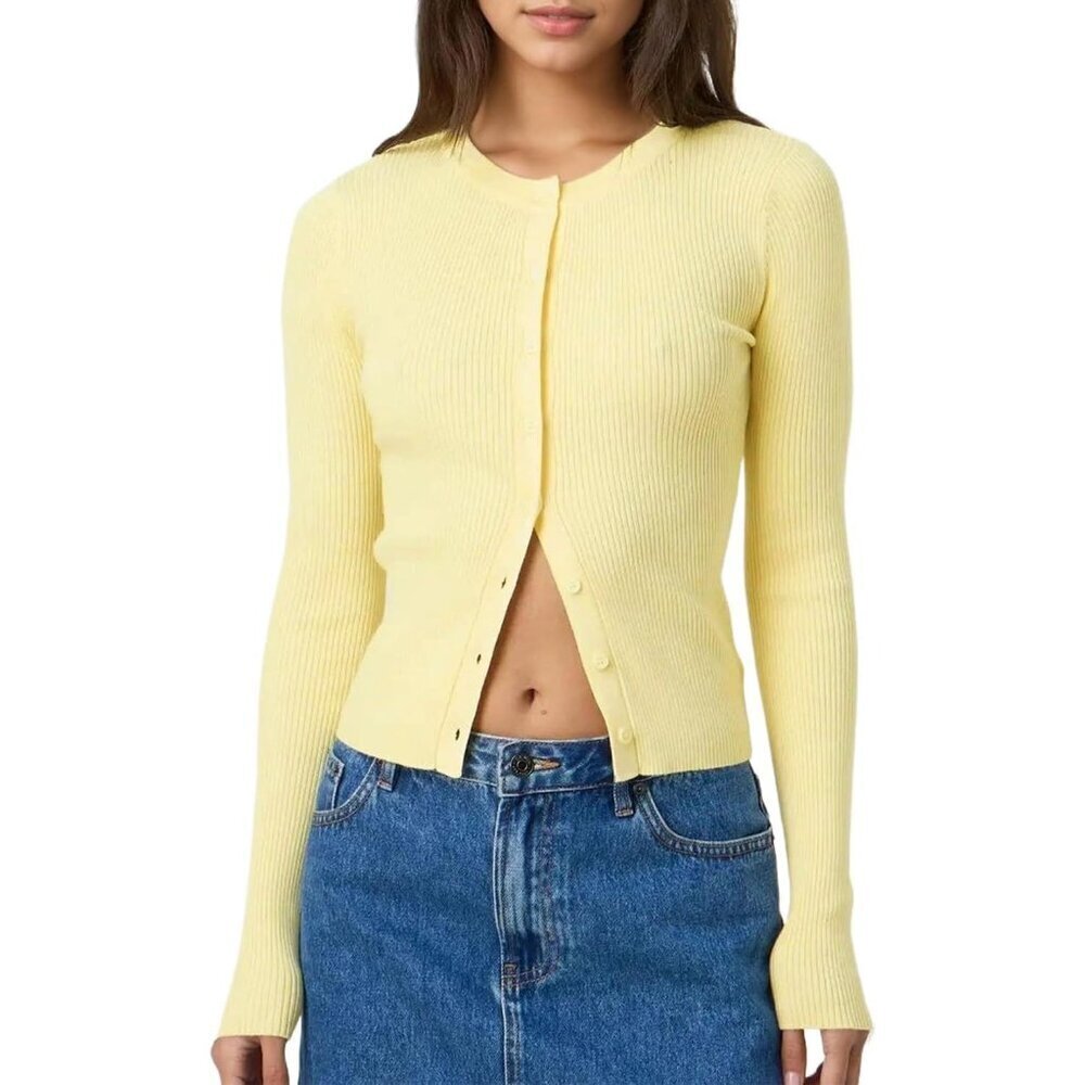 Women Long Sleeve Ribbed Knit Crop Cardigan Yellow Size Medium